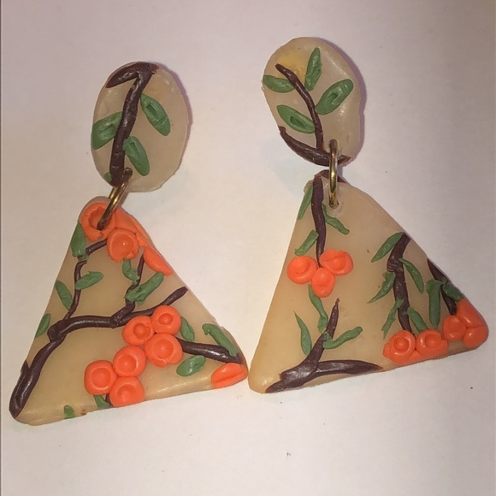 Floral Clay Boho Triangle Earrings in Cream and Orange